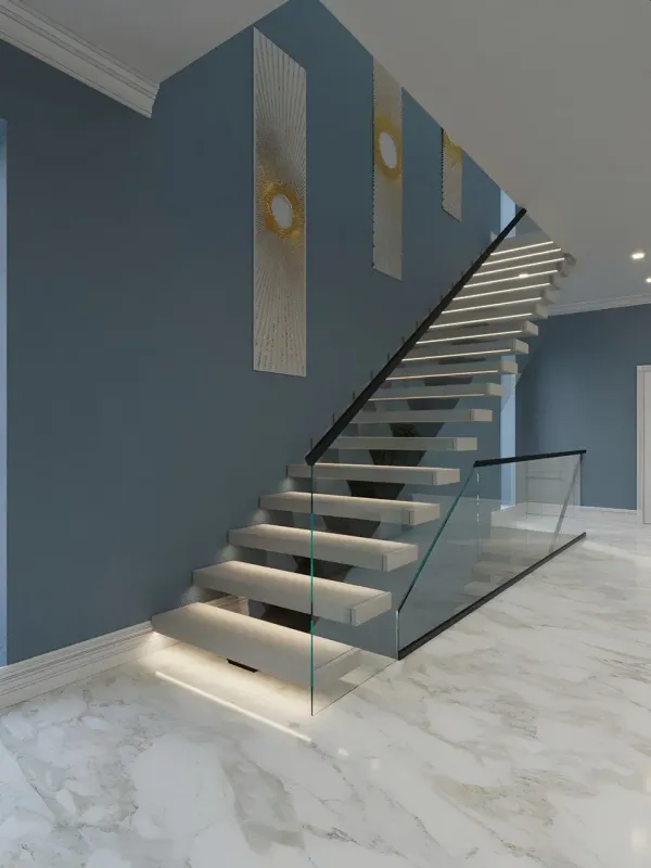 LED lighting integrated into floating stair treads with glass balustrade