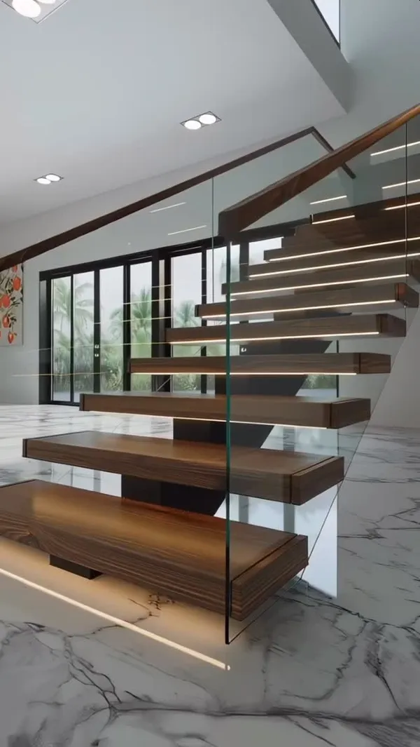 Walnut wood tread floating stairs with glass railing